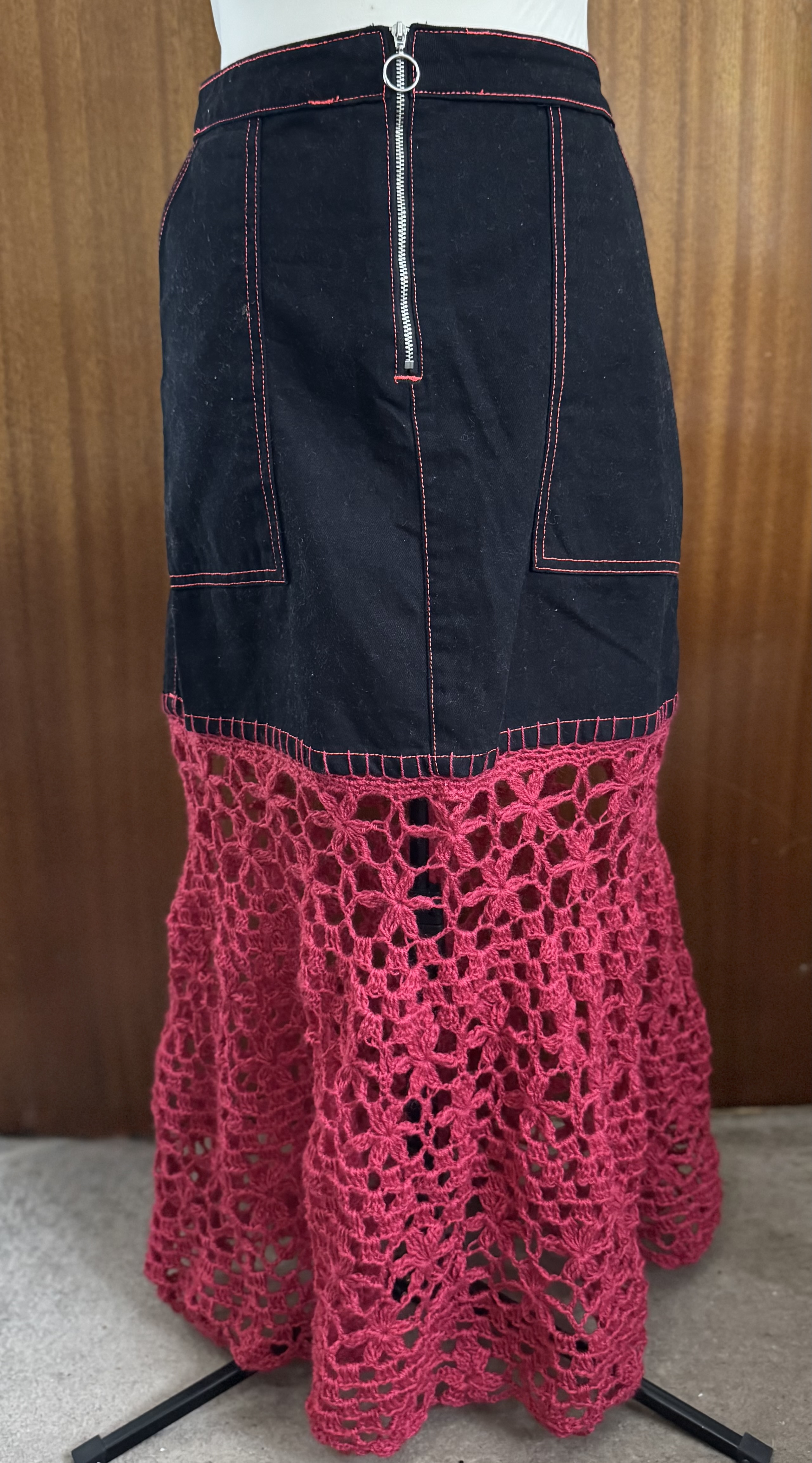 Upcycled black denim mini to maxi skirt